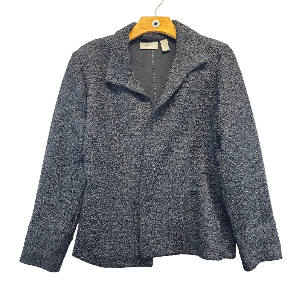 Chicos Black Crinkle Textured Open Front Jacket‎ Blazer Size 1 Medium Striped
